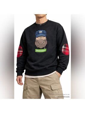 FingerCroxx XL Graphic Crewneck Sweatshirt Plaid Elbow Patch Streetwear